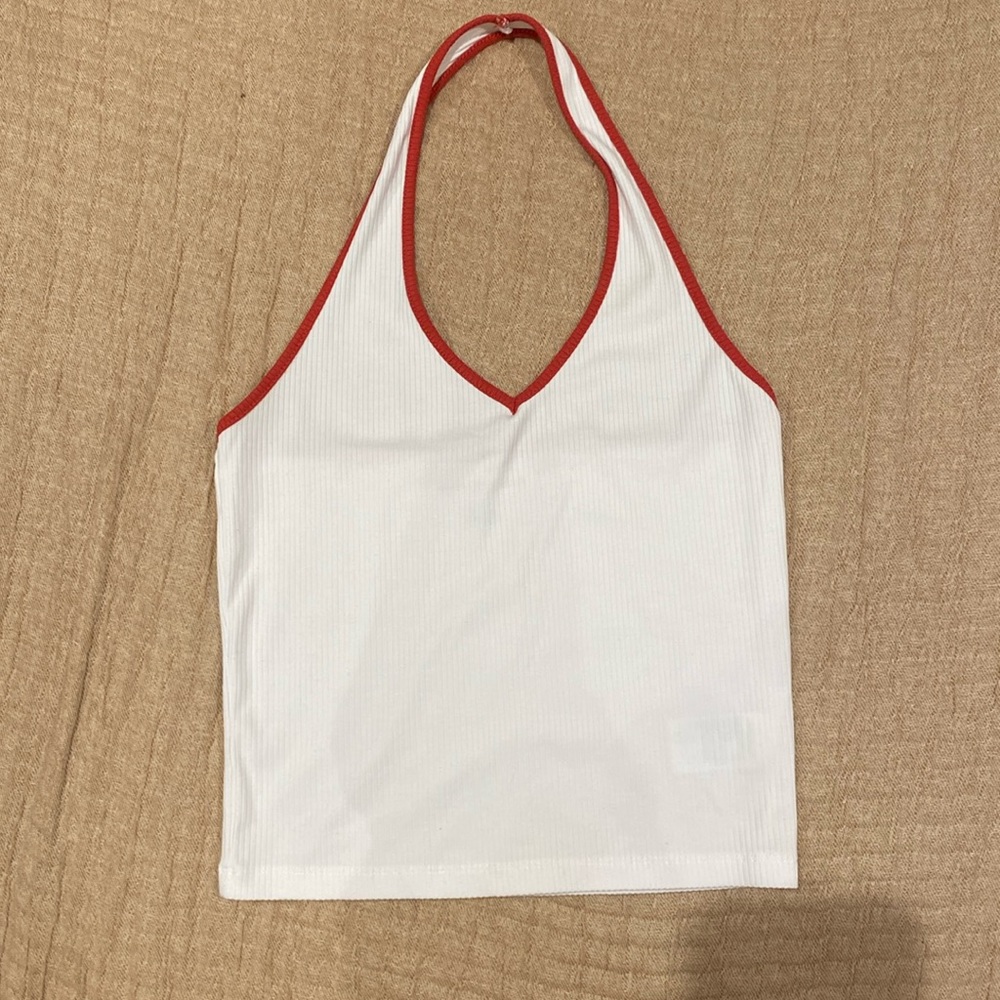 Cute White Halter Top from American Eagle with a reddish border around it